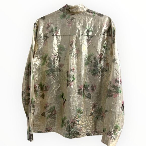 MSGM FOIL Metallic Silk floral Printed Button down Blouse top collar gold 40 / S - Picture 3 of 7